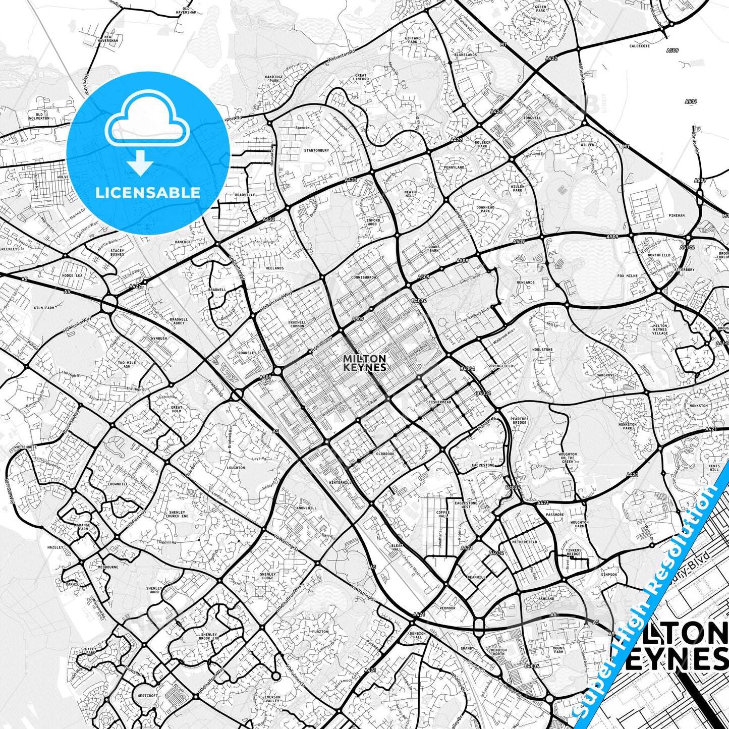 Milton Keynes, England Light Map with Street Names, City Names, and Districts