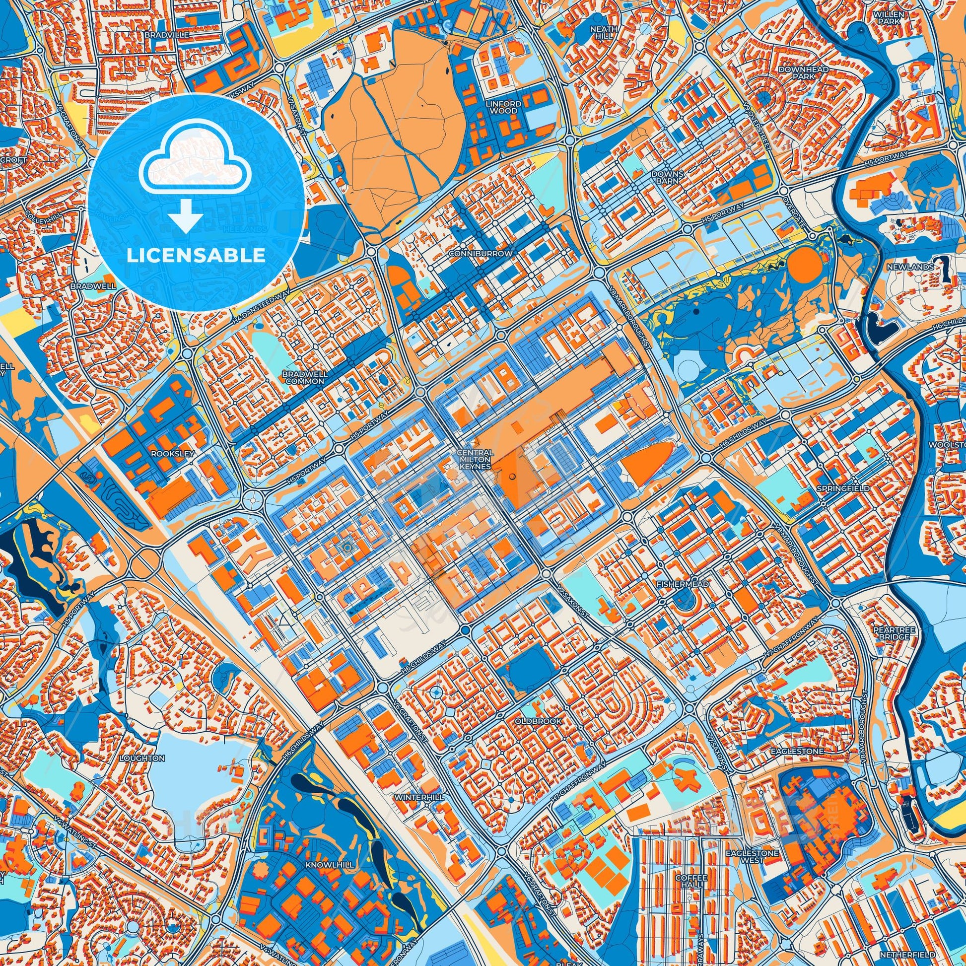 Colorful Milton Keynes Street Map with Labels and Buildings
