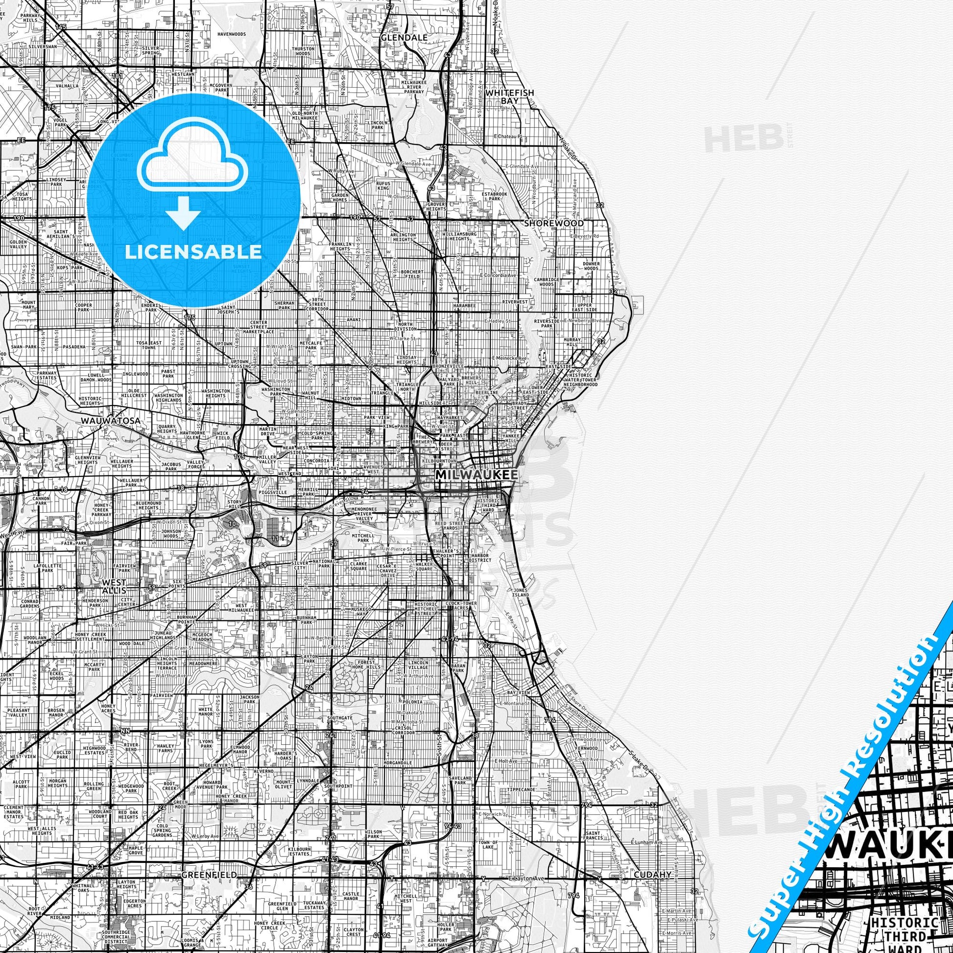 Milwaukee, Wisconsin light map with streetnames, citynames and districts