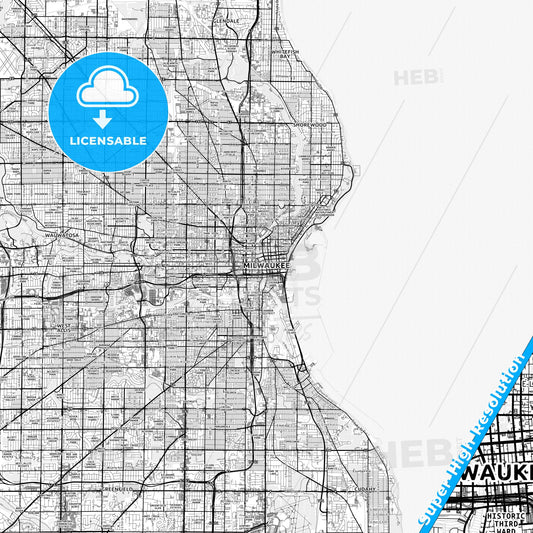 Milwaukee, Wisconsin light map with streetnames, citynames and districts