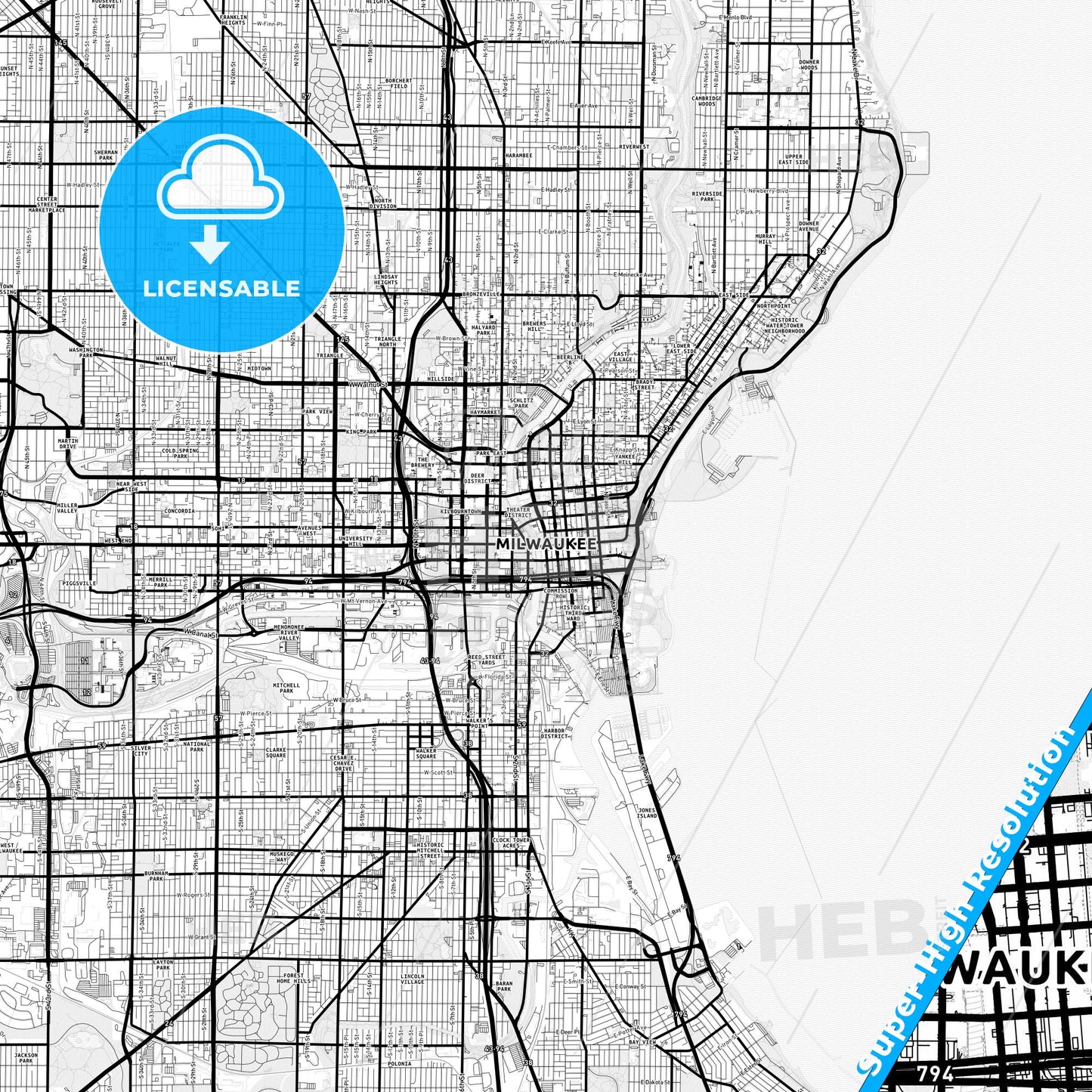 Milwaukee, Wisconsin Light Map with Street Names, City Names, and Districts
