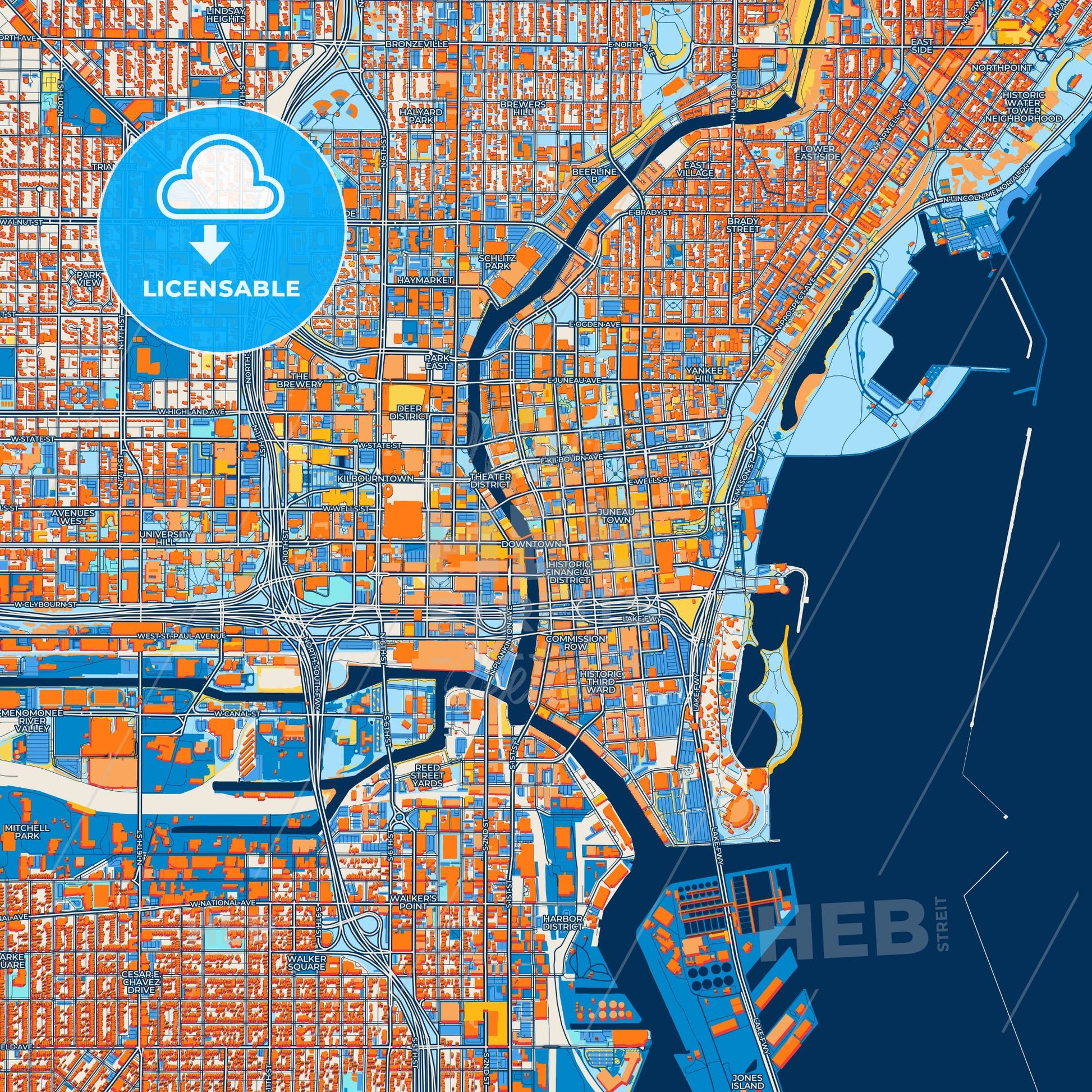 Colorful Milwaukee Street Map with Labels and Buildings