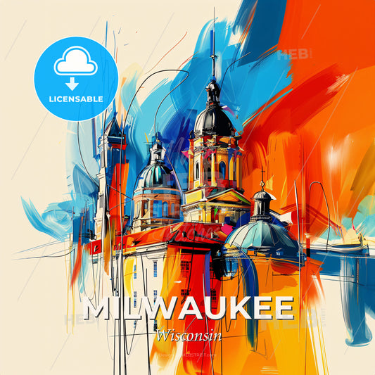 Vibrant Milwaukee, Wisconsin - A Painting Of A Building With A Colorful Background - Square format print template