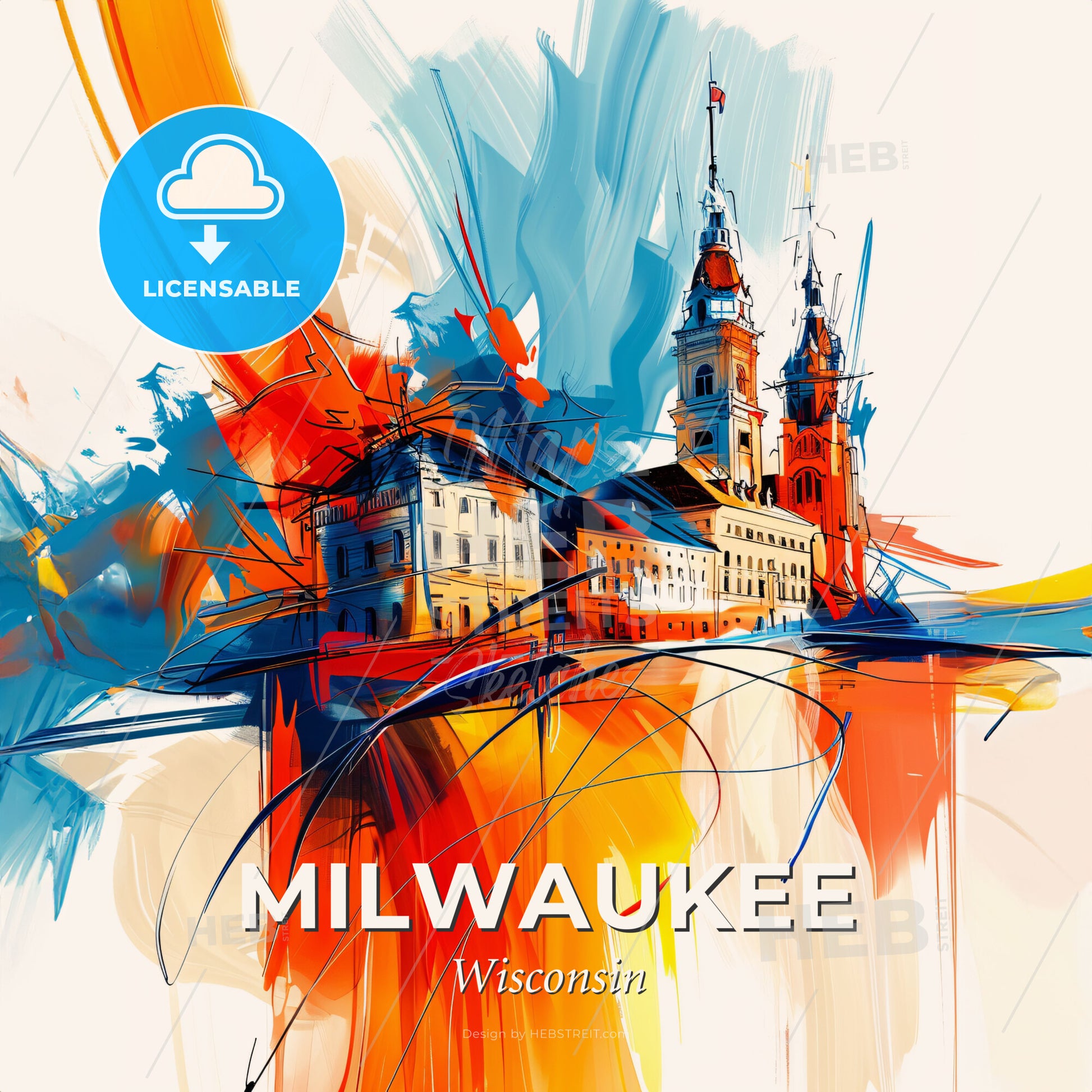 Vibrant Milwaukee, Wisconsin - A Painting Of A Building With A Tower And A Flag - Square format print template