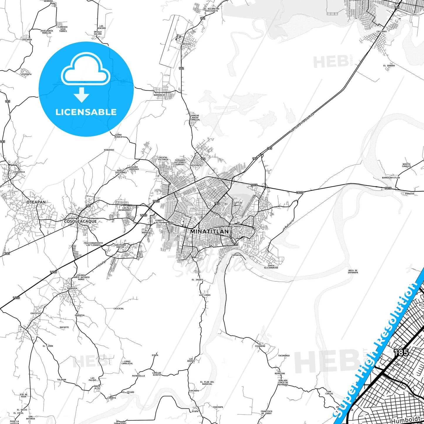 Minatitlán, Mexico light map with streetnames, citynames and districts