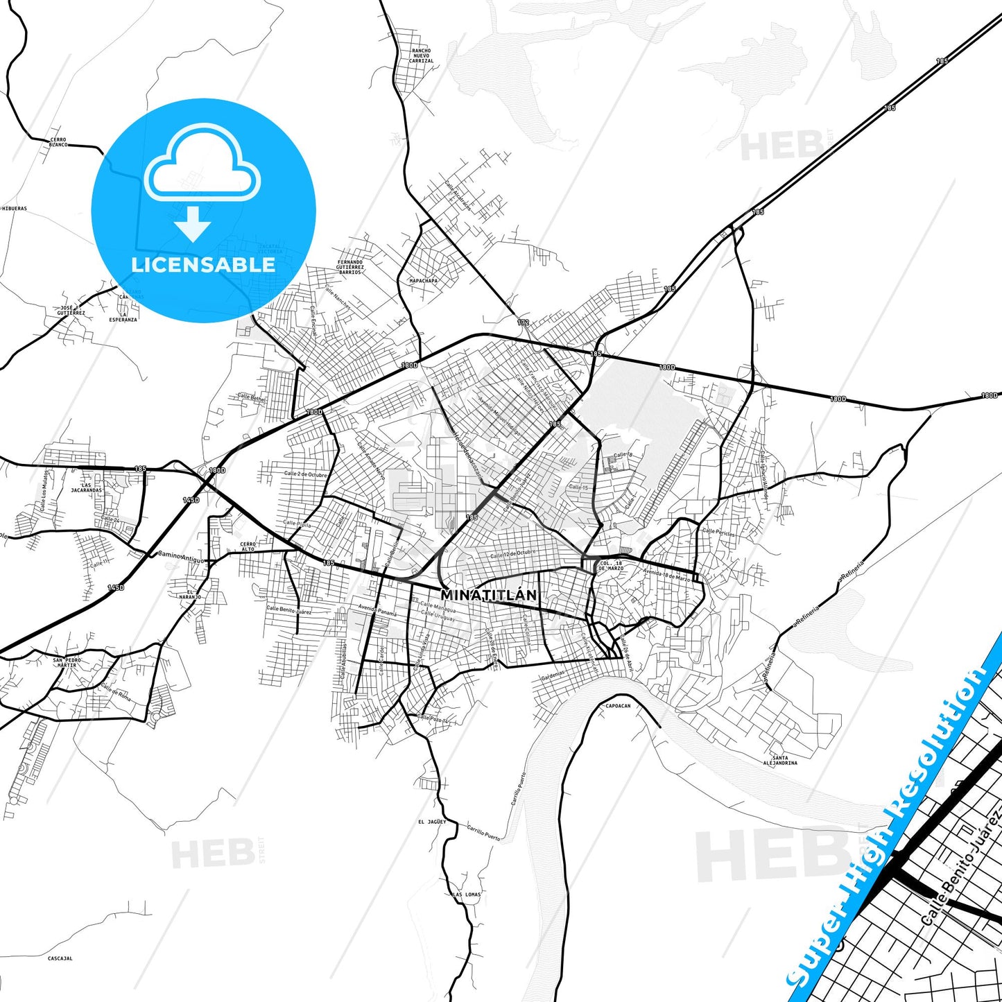 Minatitlán, Mexico Light Map with Street Names, City Names, and Districts
