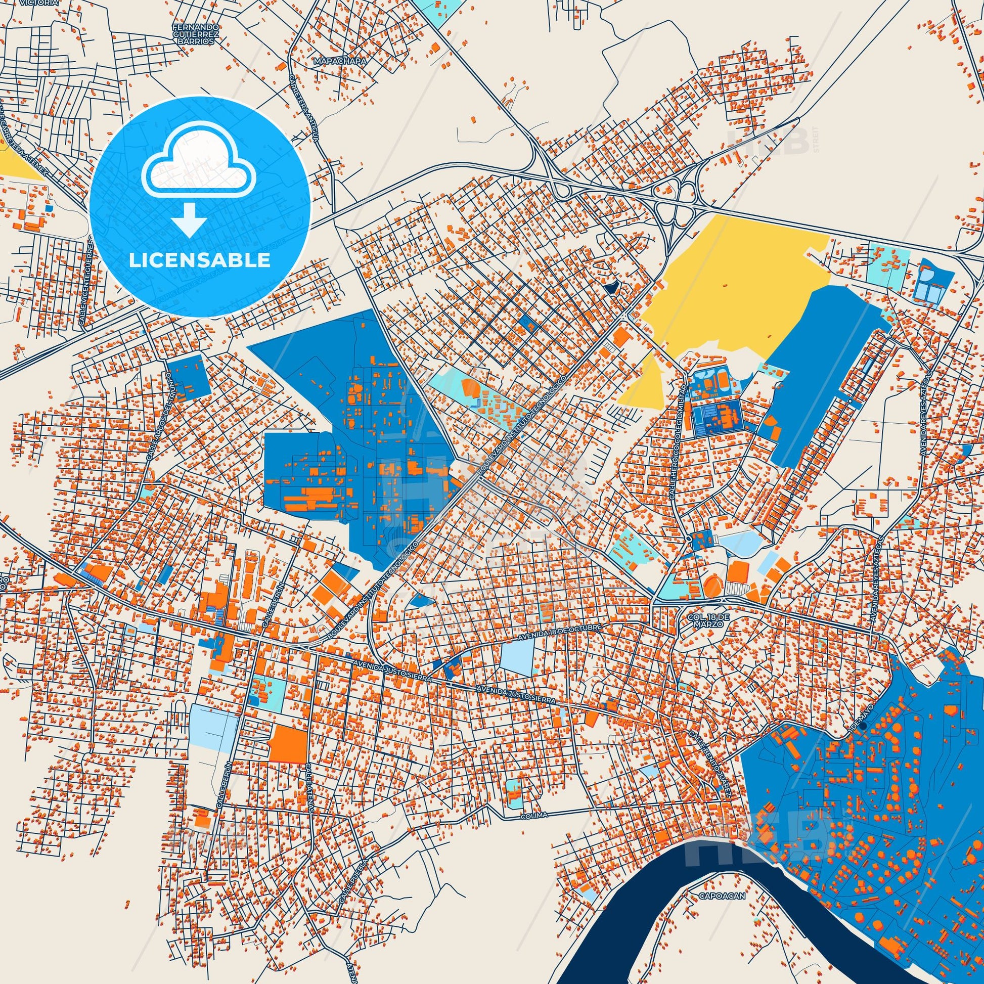 Colorful Minatitlán Street Map with Labels and Buildings