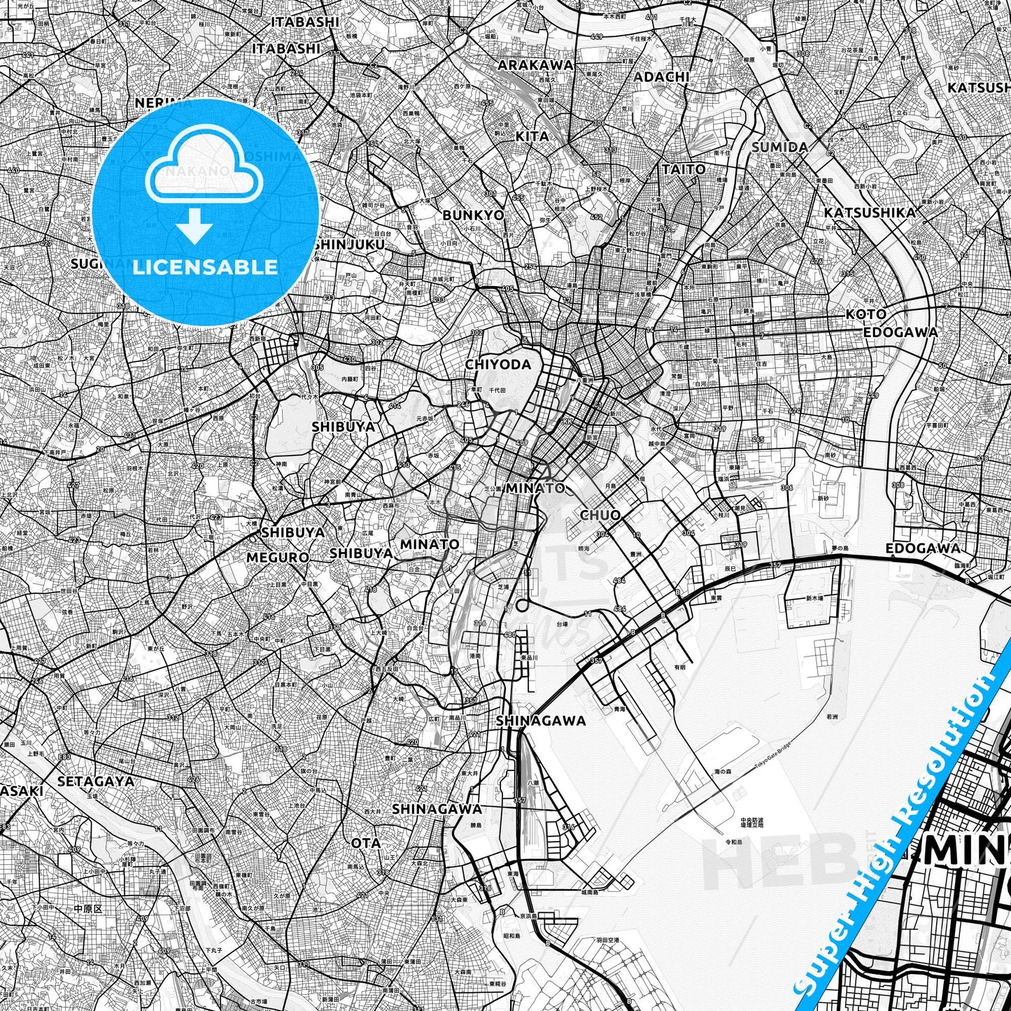 Minato, Japan light map with streetnames, citynames and districts