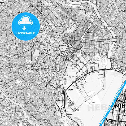 Minato, Japan light map with streetnames, citynames and districts