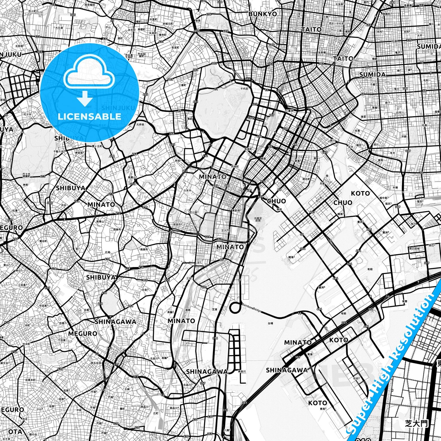 Minato, Japan Light Map with Street Names, City Names, and Districts