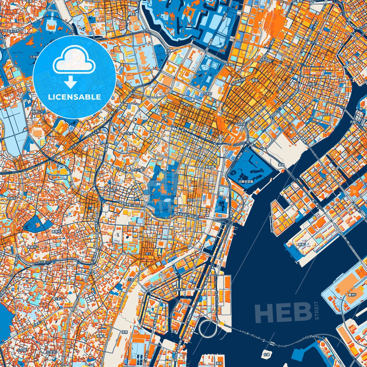 Colorful Minato Street Map with Labels and Buildings