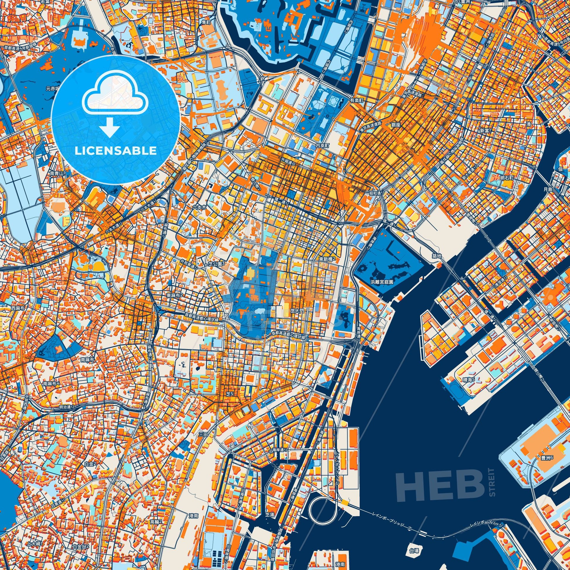 Colorful Minato Street Map with Labels and Buildings