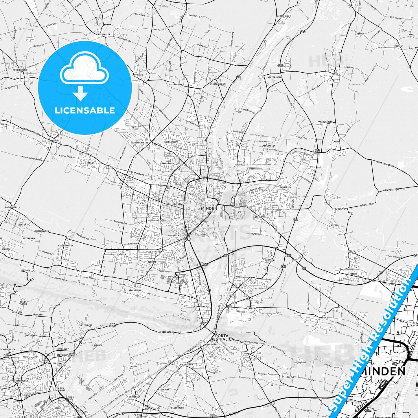 Minden, Germany light map with streetnames, citynames and districts