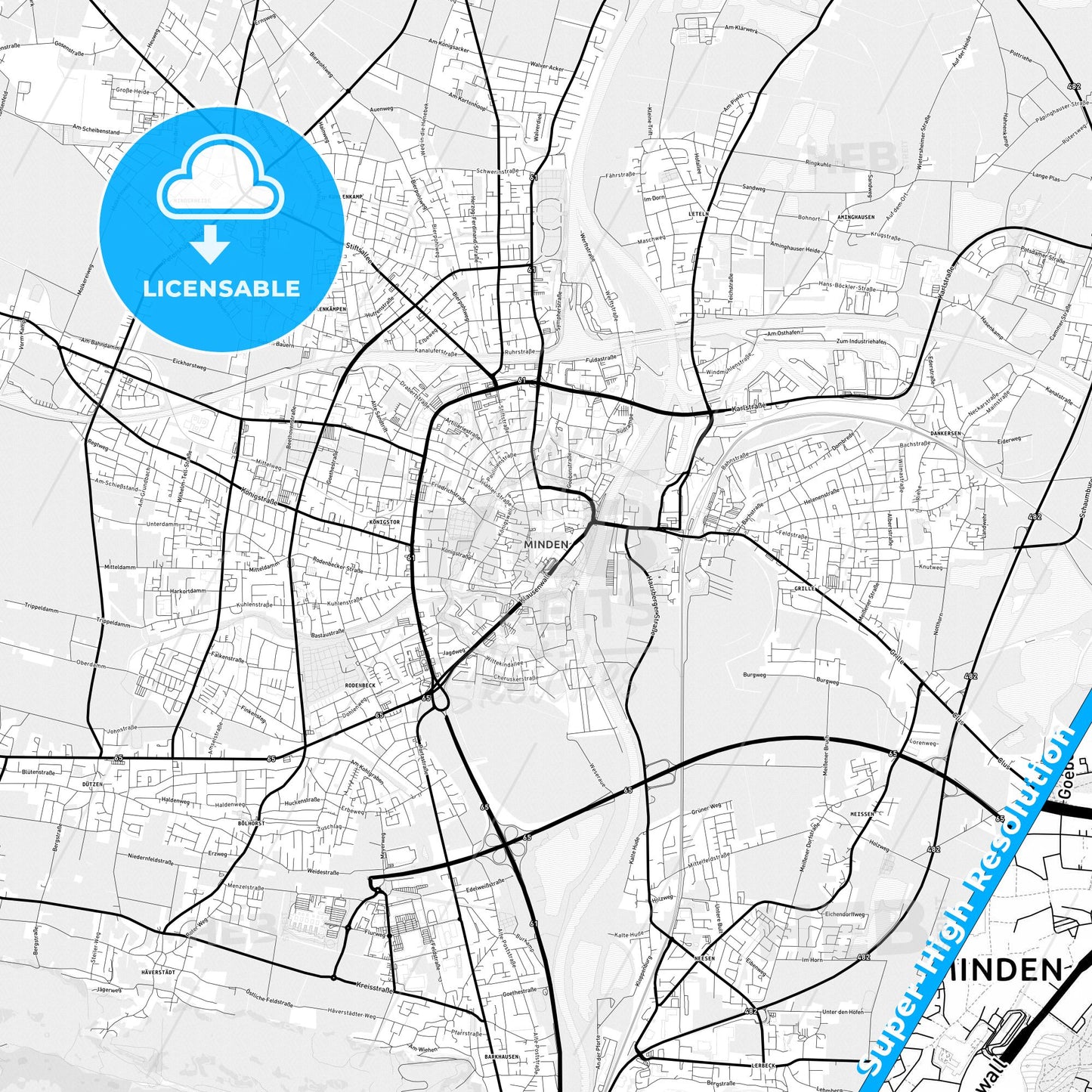 Minden, Germany Light Map with Street Names, City Names, and Districts