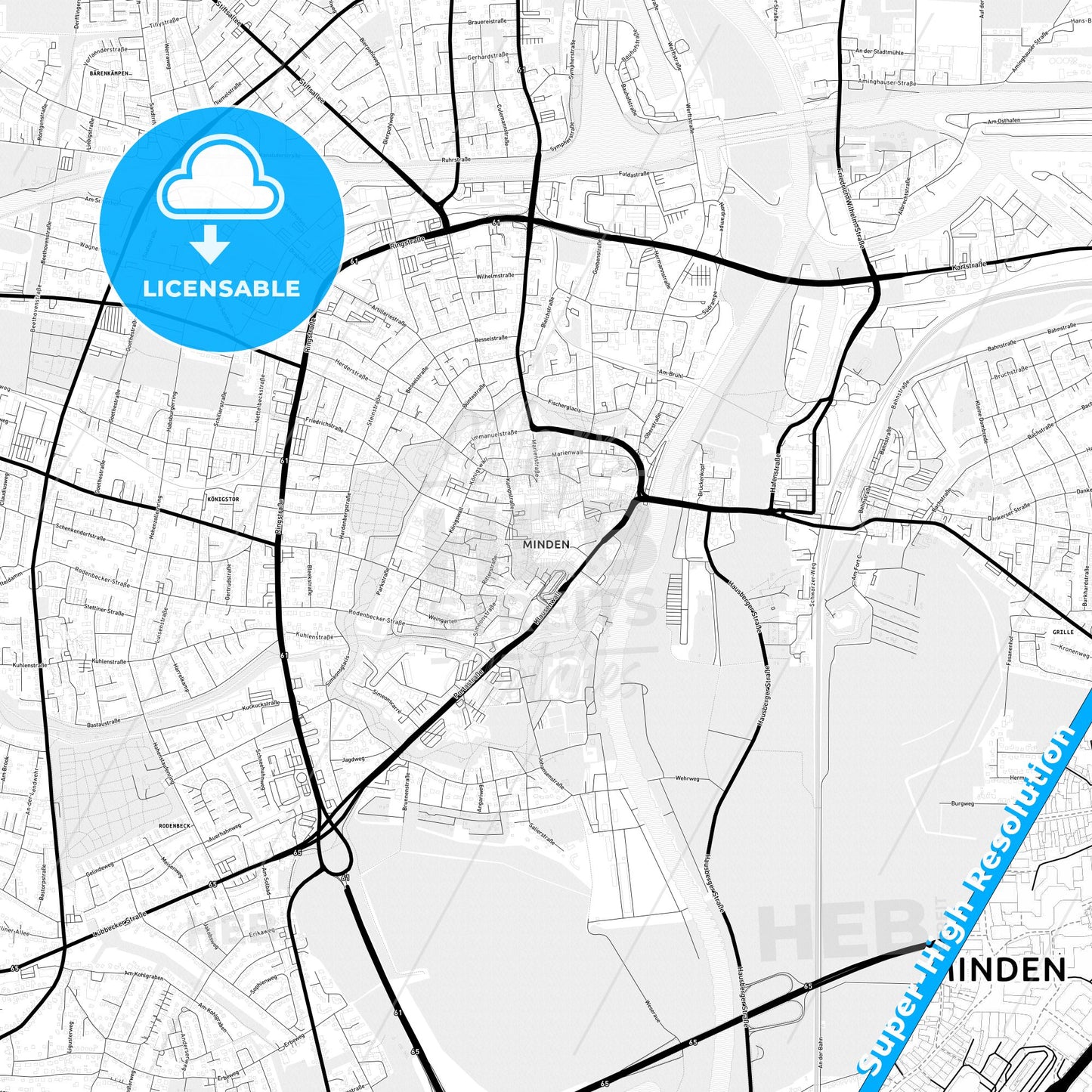 Minden, Germany Light Map with Street Names, City Names, and Districts