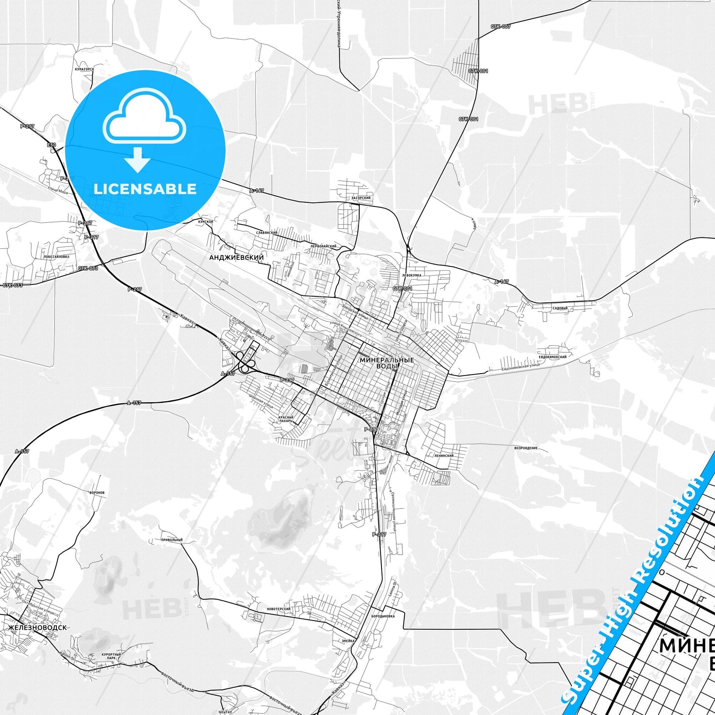 Mineralnye Vody, Russia light map with streetnames, citynames and districts