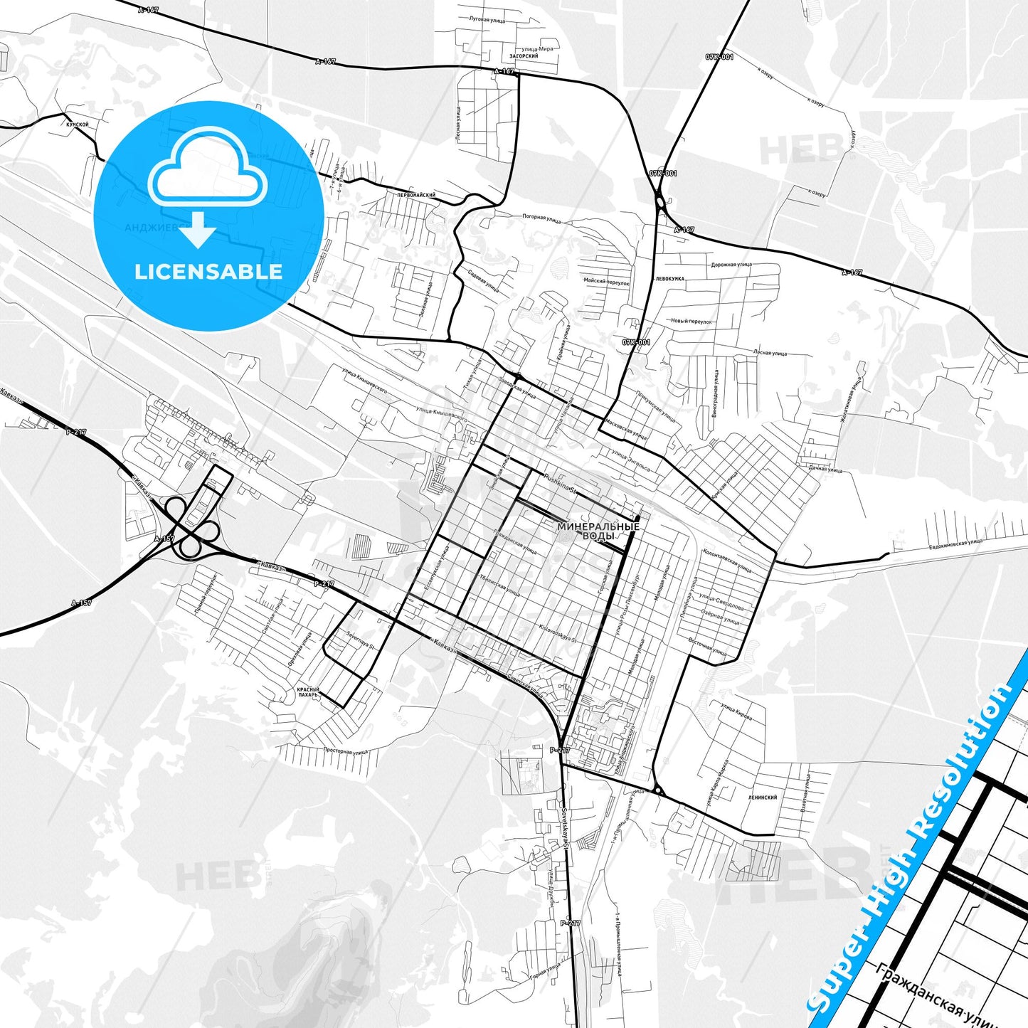 Mineralnye Vody, Russia Light Map with Street Names, City Names, and Districts