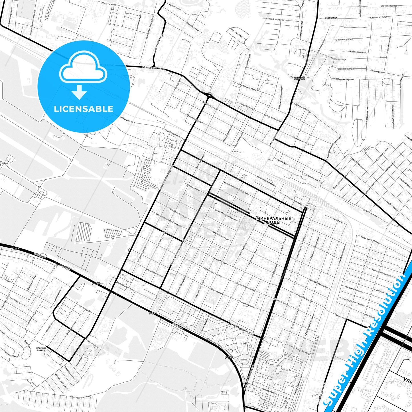 Mineralnye Vody, Russia Light Map with Street Names, City Names, and Districts