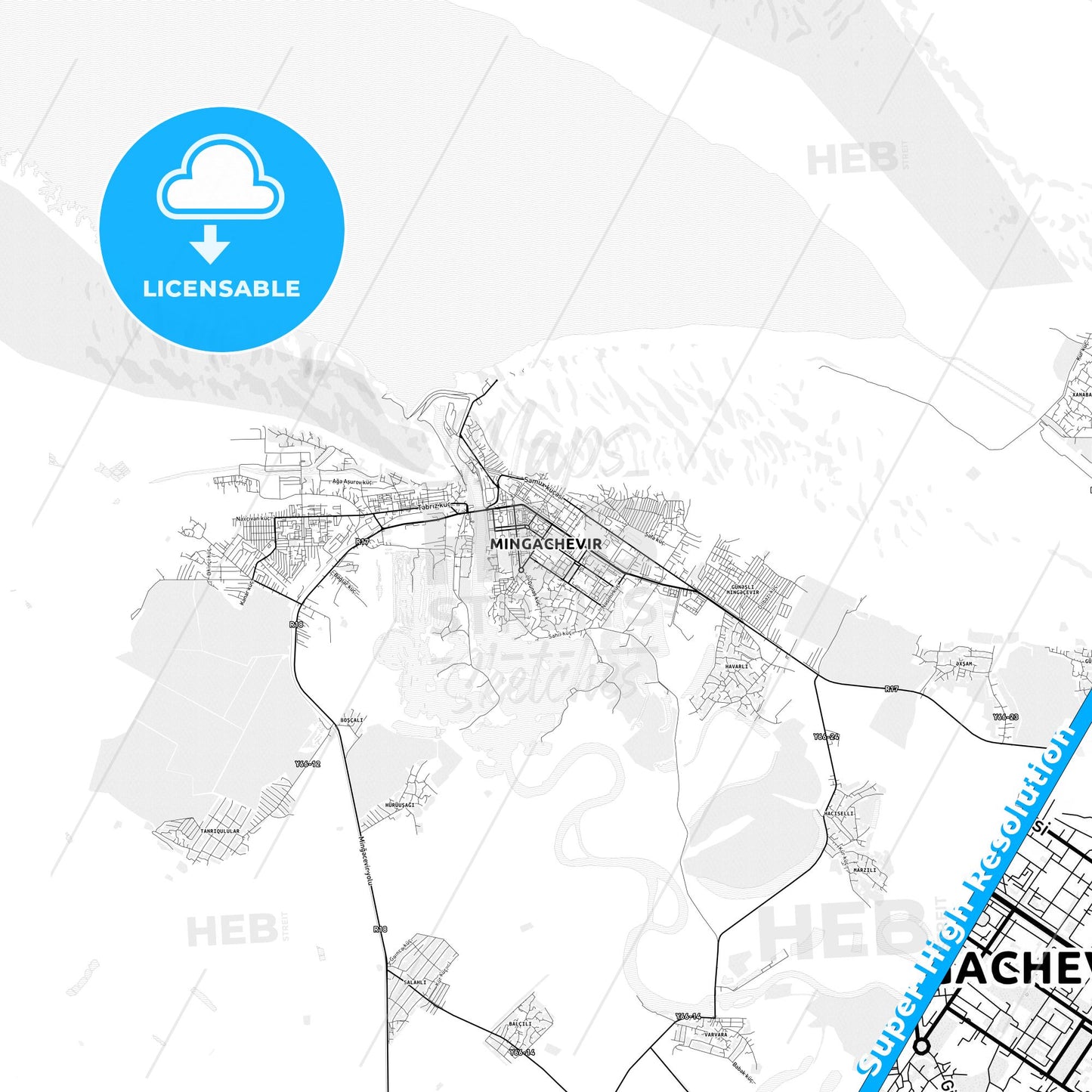 Mingachevir, Azerbaijan light map with streetnames, citynames and districts