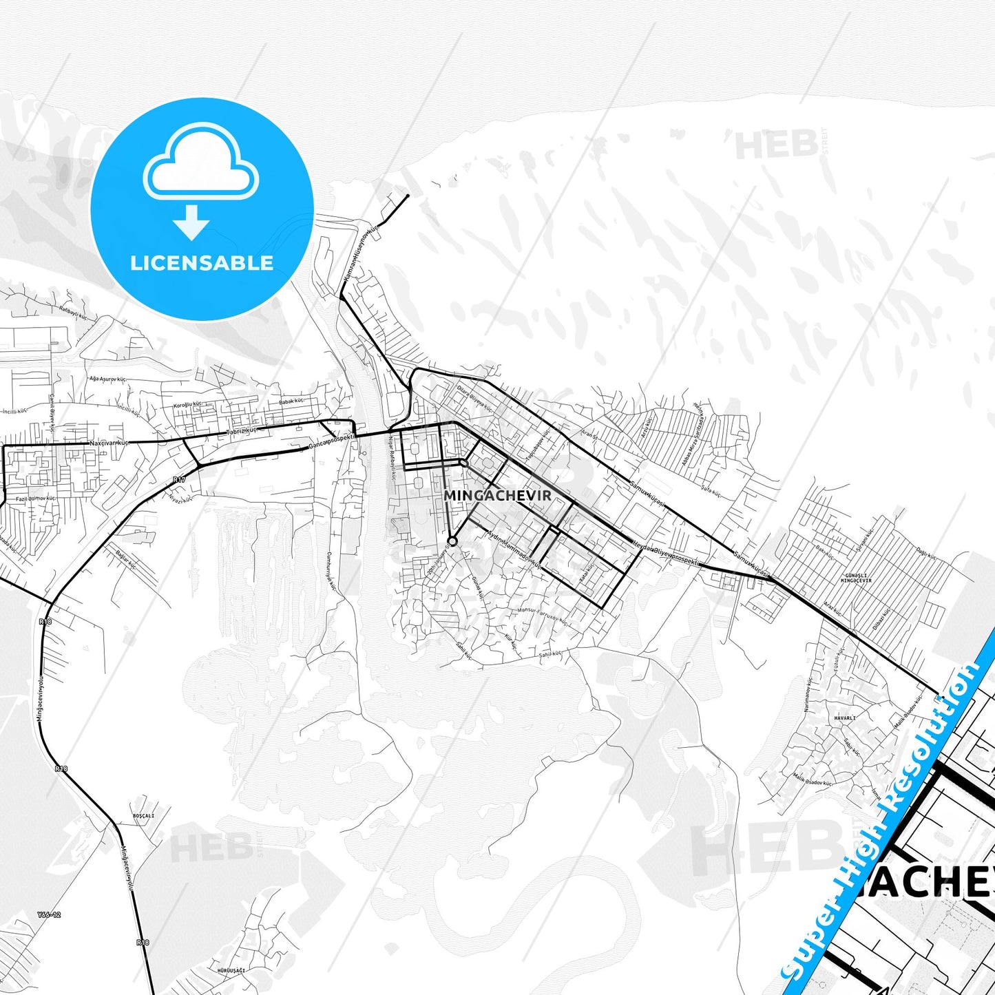 Mingachevir, Azerbaijan Light Map with Street Names, City Names, and Districts
