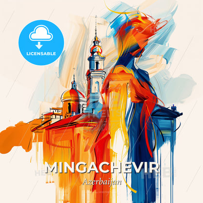 Vibrant Mingachevir, Azerbaijan - A Painting Of A Building With A Tower And A Spire - Square format print template