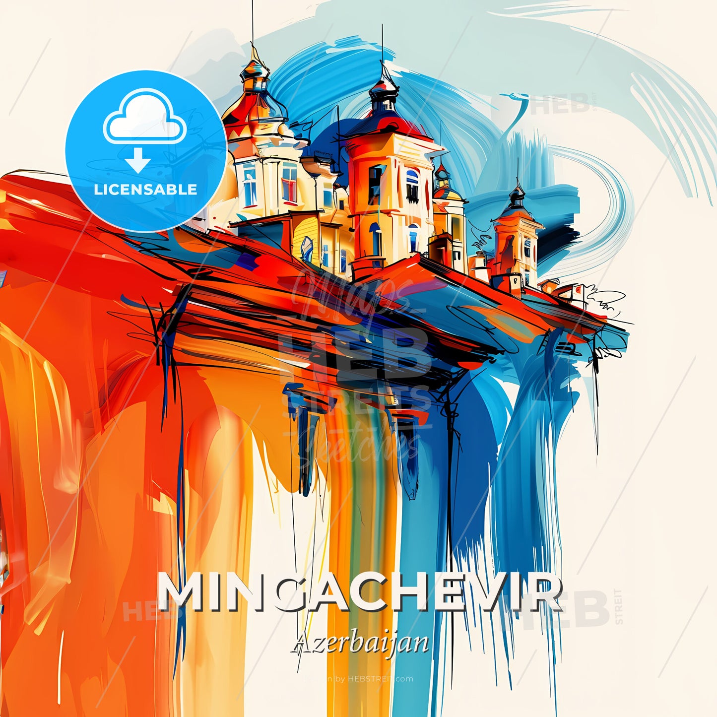 Vibrant Mingachevir, Azerbaijan - A Painting Of A Building - Square format print template