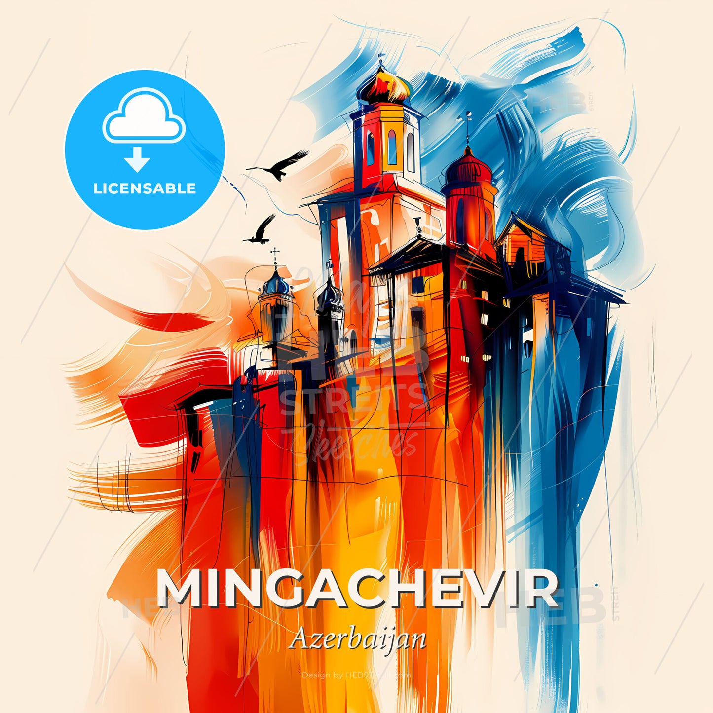 Vibrant Mingachevir, Azerbaijan - A Painting Of A Building - Square format print template