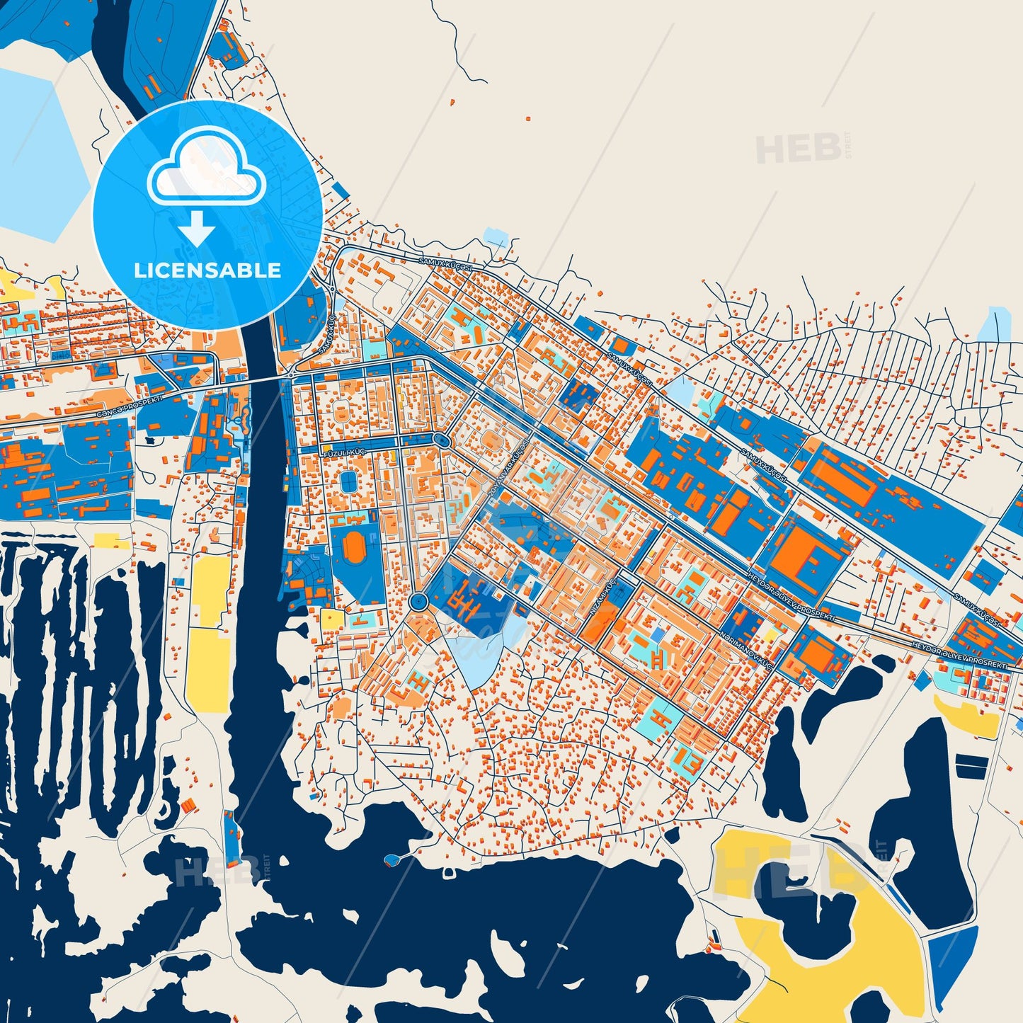 Colorful Mingachevir Street Map with Labels and Buildings