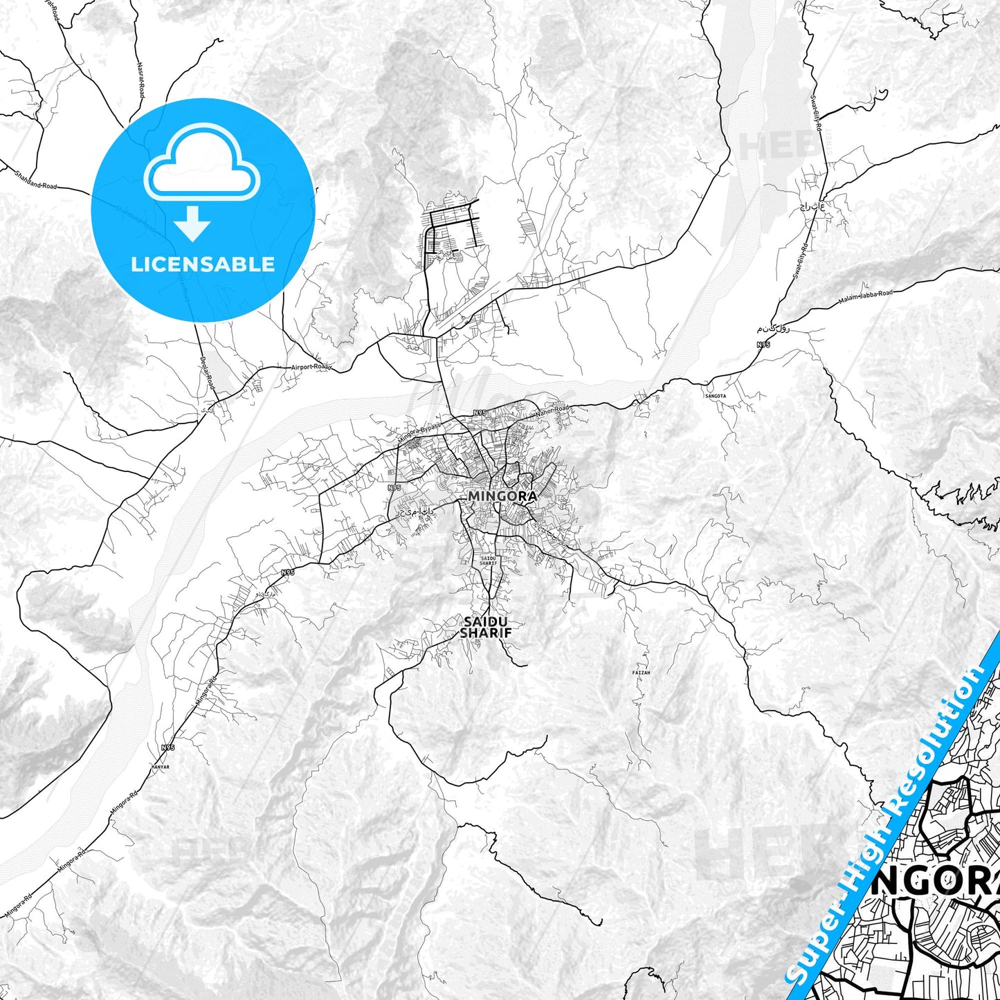 Mingora, Pakistan light map with streetnames, citynames and districts