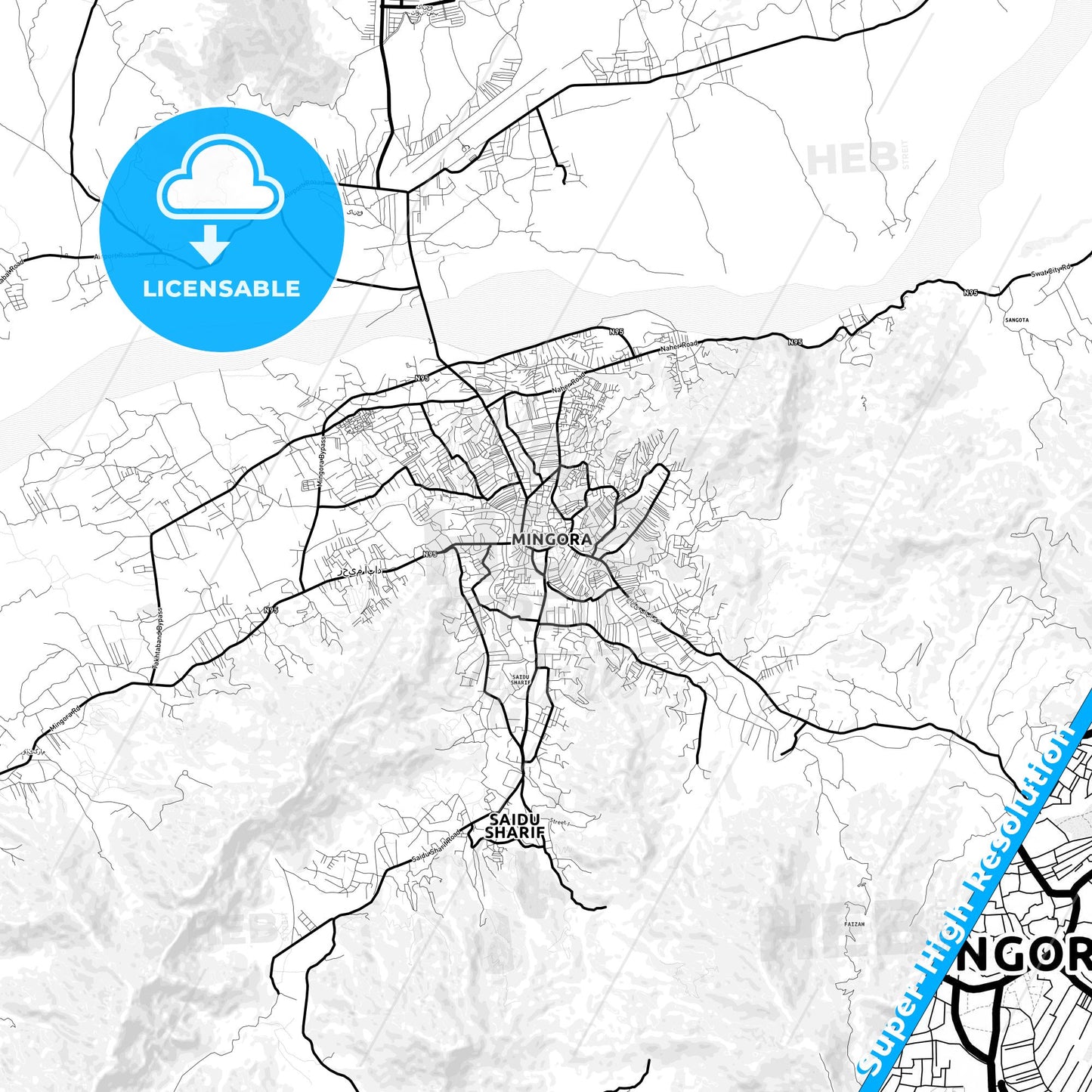 Mingora, Pakistan Light Map with Street Names, City Names, and Districts