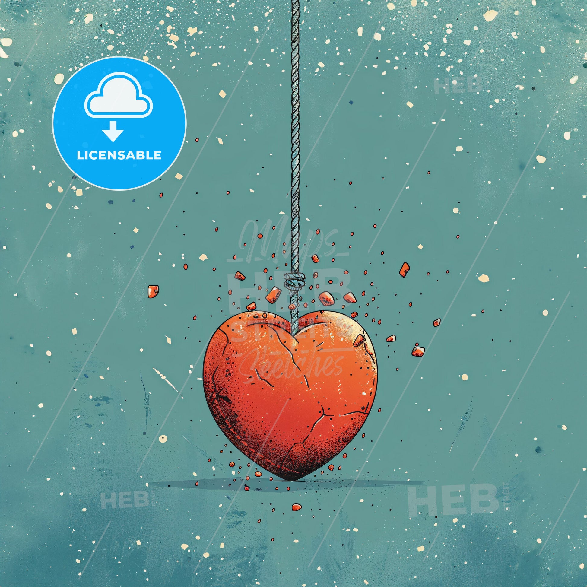 A Heart With Broken Pieces Of Paper Being Pulled By A Rope