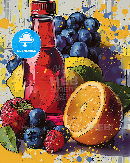 Minimalistic Pop Art Painting: Bold Colors, Modern Objects, Comic Style, Classic Still Life in Consumer Culture, Fruit and Juice
