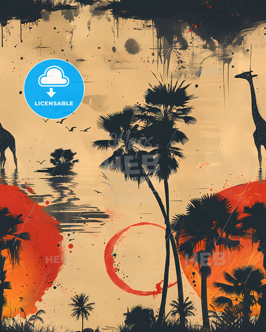 Abstract Giraffe and Palm Trees African Minimalist Painting Background