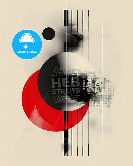 Geometric Abstract Art, Minimalist Painting, Black and Red Circles, Lines