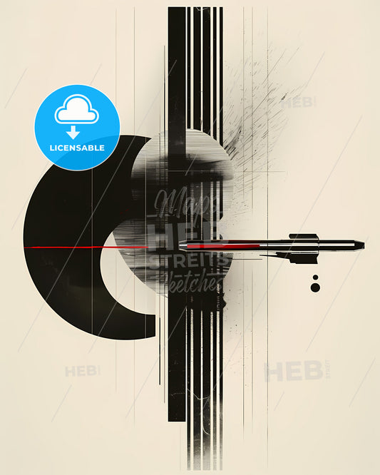 Modern Geometric Art: Black and Off-White Rocket Painting, Abstract Shapes, Contemporary Lines