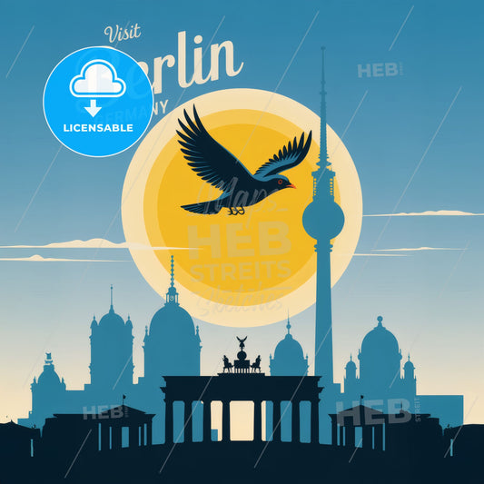 Minimalist Berlin Travel Poster: Iconic Skyline Silhouette with Bold Sun & Charm