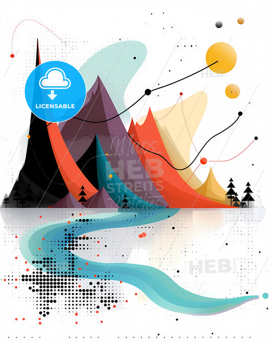 Trend line art mountain landscape illustration, abstract Memphis painting, vibrant colorful, pure white background