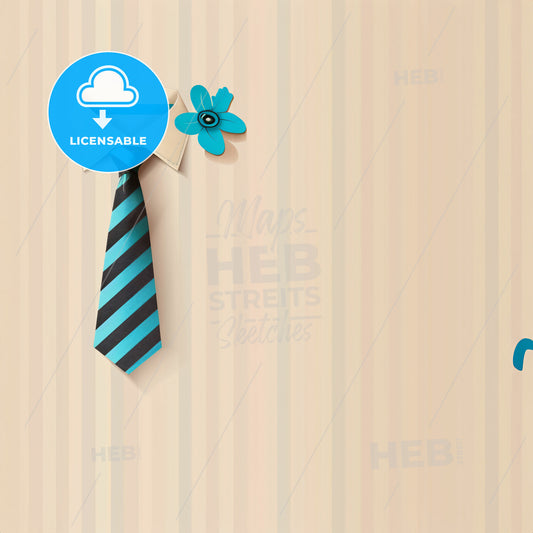 minimalist design featuring a blue striped tie in the top left corner of a beige and white striped background - A blue and black tie with a flower on a beige background