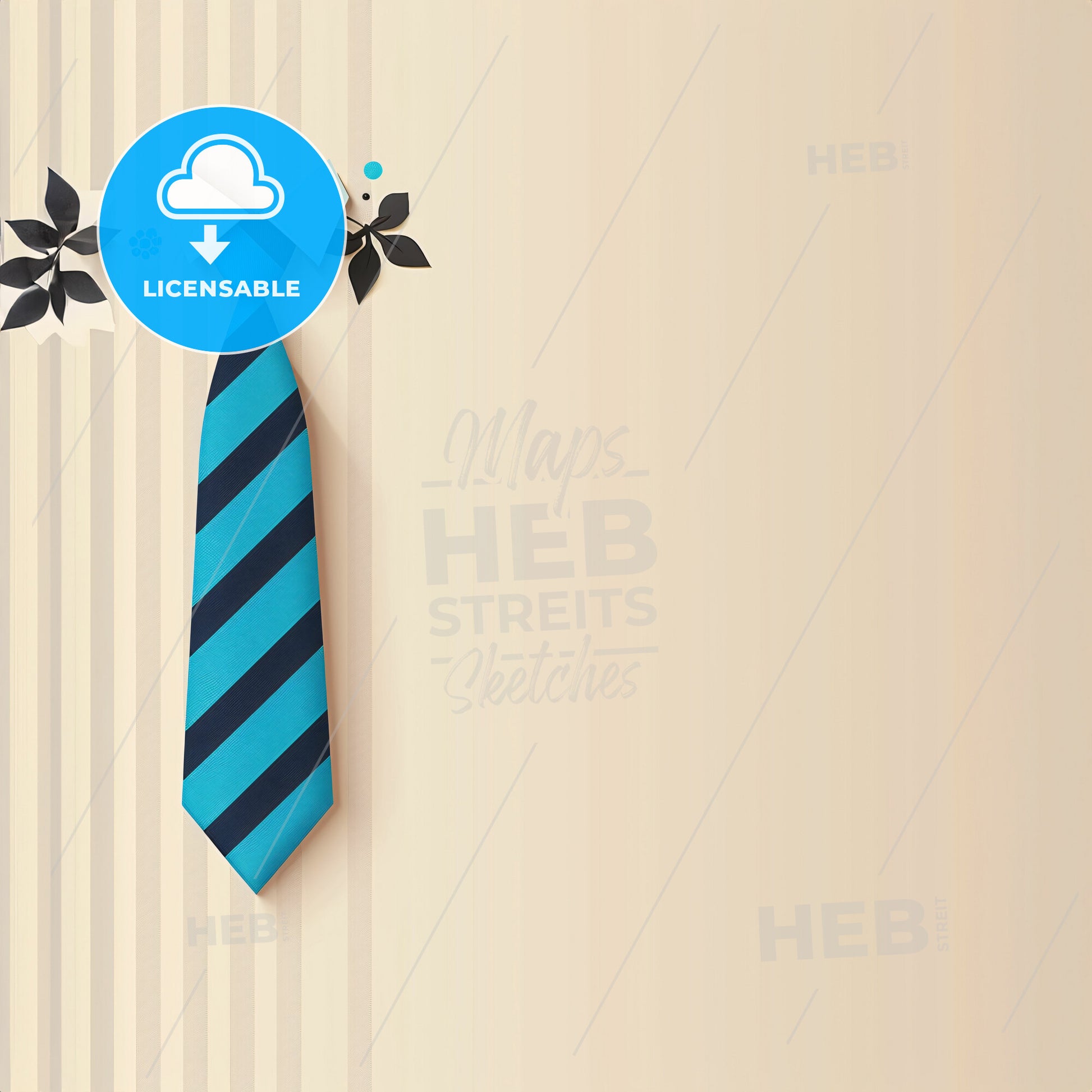 minimalist design featuring a blue striped tie in the top left corner of a beige and white striped background - A blue and black striped tie