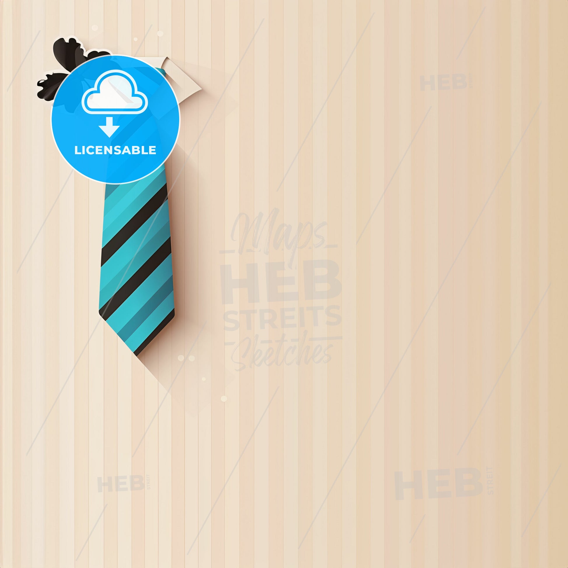 minimalist design featuring a blue striped tie in the top left corner of a beige and white striped background - A blue and black striped tie with a butterfly on a white shirt