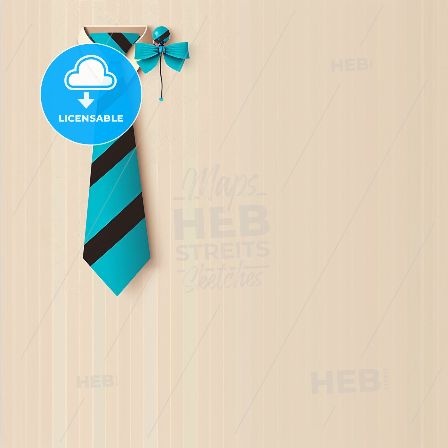 minimalist design featuring a blue striped tie in the top left corner of a beige and white striped background - A blue and black tie and a bow