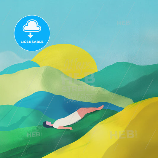 Minimalist illustration of a woman laying on top of green hills - A person lying on a hill