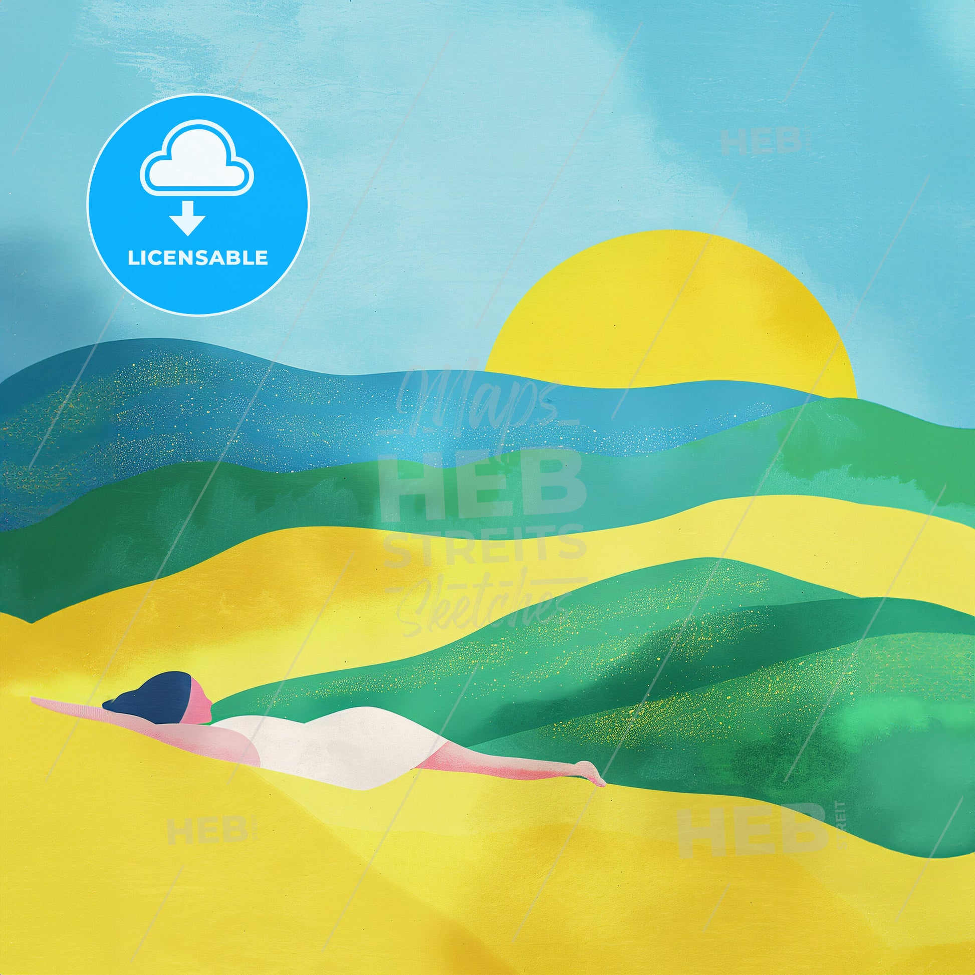 Minimalist illustration of a woman laying on top of green hills - A woman lying on the ground in a desert