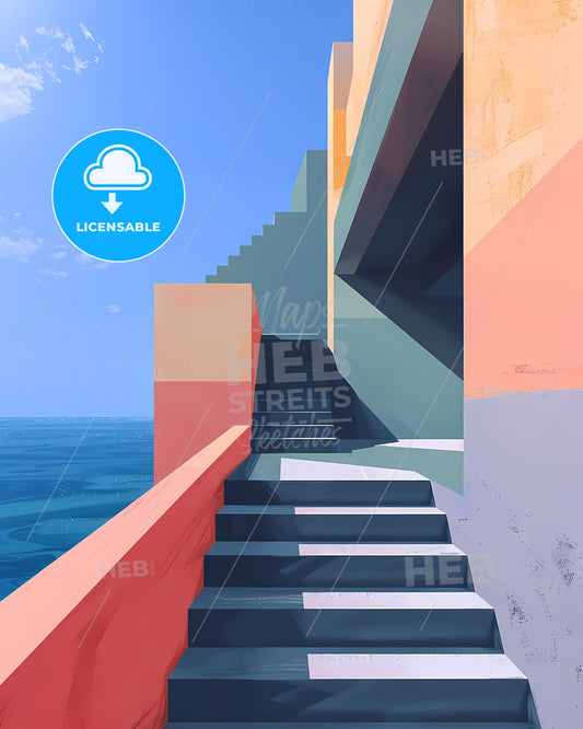 Modern architectural art print with geometric shapes and bold colors, depicting stairs leading to a building