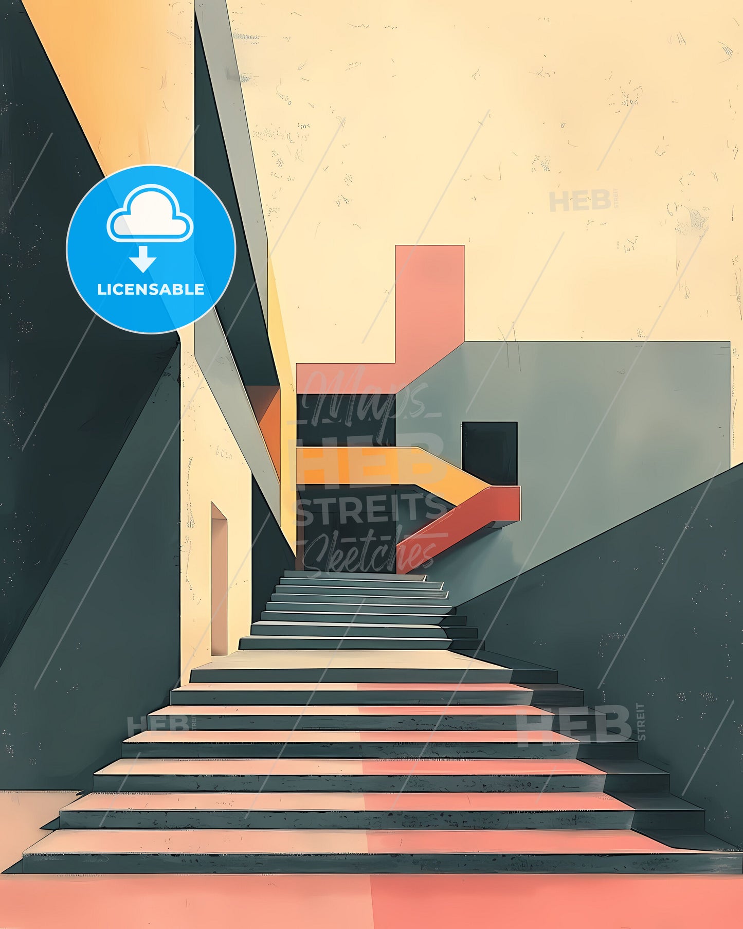 Vibrant Architectural Canvas Art: Modern Staircase Painting with Geometric Accents, No Text, Clean Design