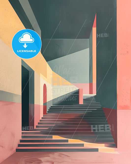 Abstract painting of a unique staircase architecture in a building with vibrant color accents and geometric patterns