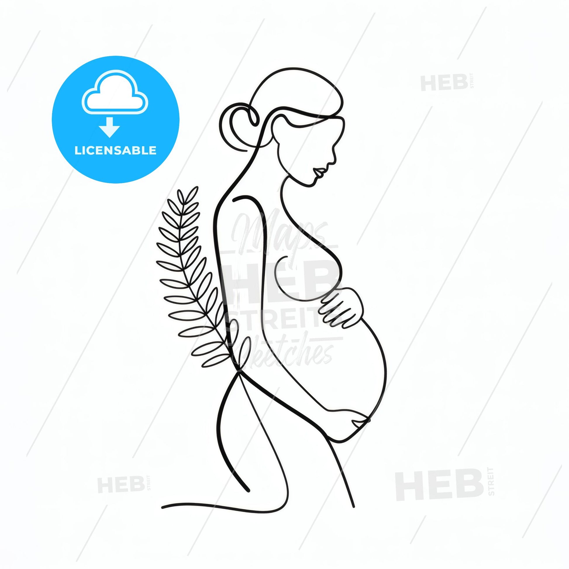 Minimalist Line Art of Pregnant Woman Embracing Her Baby Bump with Botanical Elements