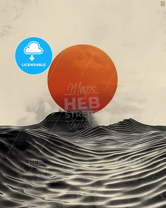 Abstract minimalist modern black and white sun over mountain line art print, orange circle, stripes, large margin