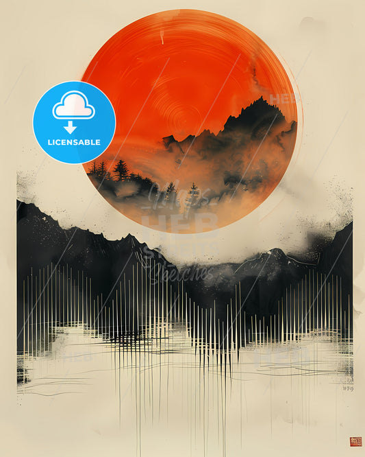 Vibrant Minimalist Abstract Black and White Line Art Circle Sun Stripes Mountains Painting