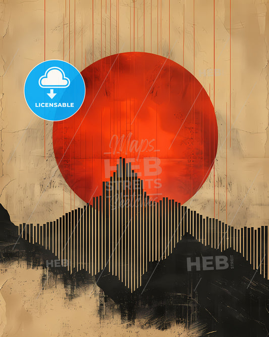 Striped Minimalist Art Print: Abstract Line Art with Orange Circle, Red Sun and Mountain, Large White Margin